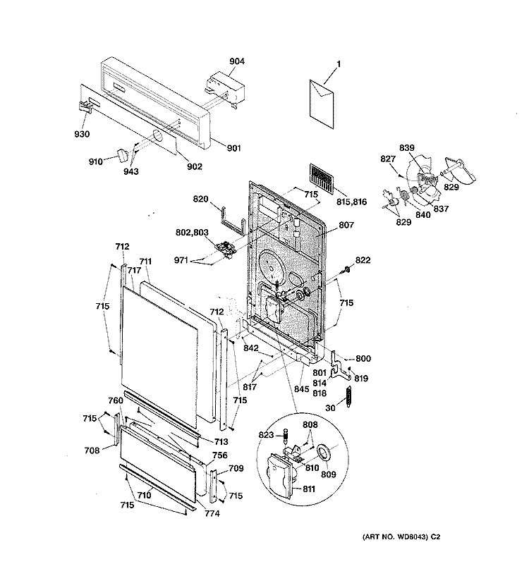 ESCUTCHEON & DOOR ASSEMBLY Diagram and Parts List for GSS1800Z  General Electric Dishwasher