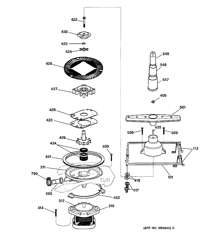 MOTOR - PUMP MECHANISM Diagram and Parts List for GSS1800Z1  General Electric Dishwasher