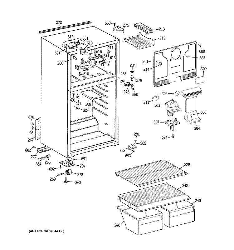 CABINET Diagram and Parts List for GTG16BBSKRWW  General Electric Refrigerator