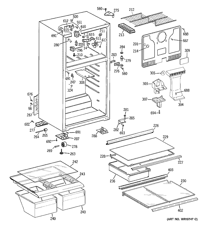 CABINET Diagram and Parts List for GTS17GBSERBB  General Electric Refrigerator