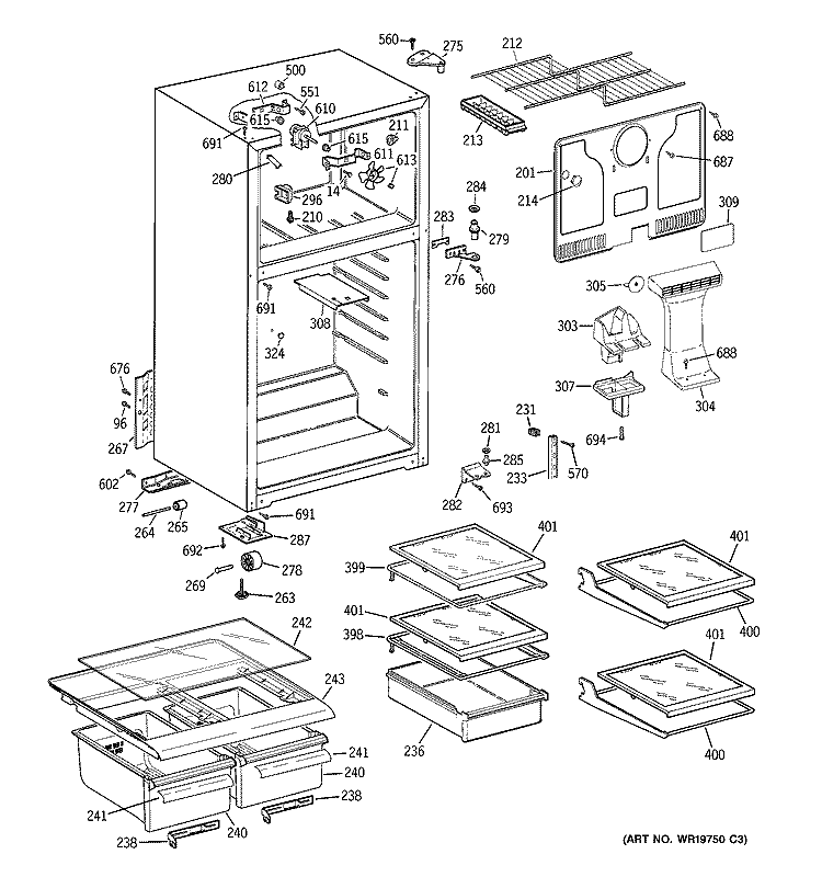 CABINET Diagram and Parts List for GTS17KBSARCC  General Electric Refrigerator