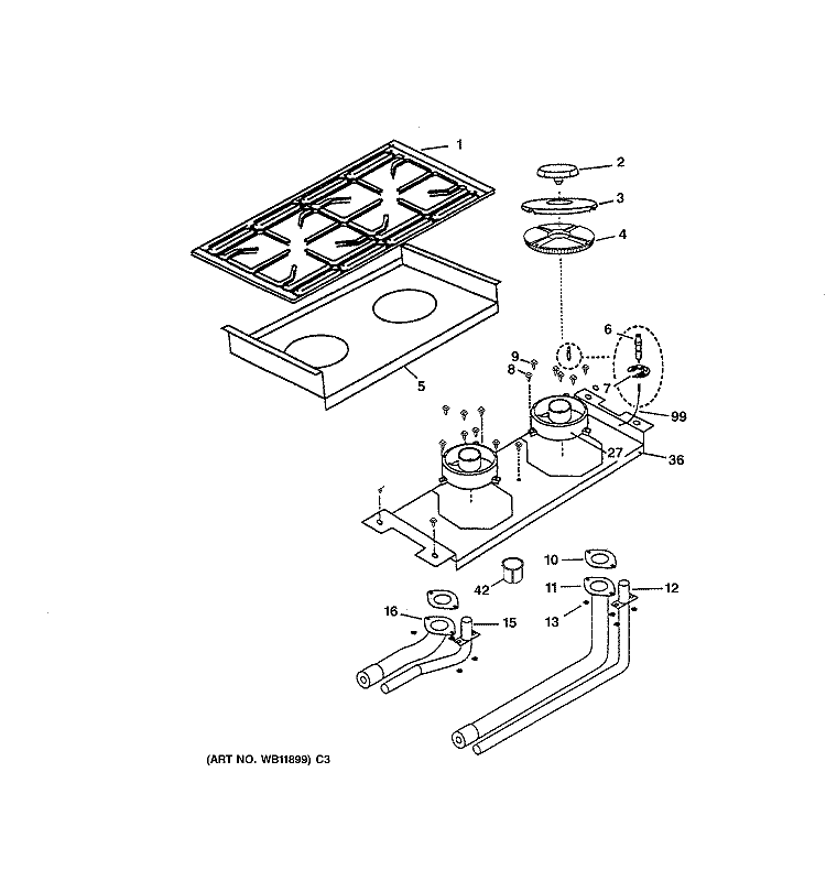 BURNER ASSEMBLY Diagram and Parts List for ZGU48N6RD2SS  General Electric Cooktop