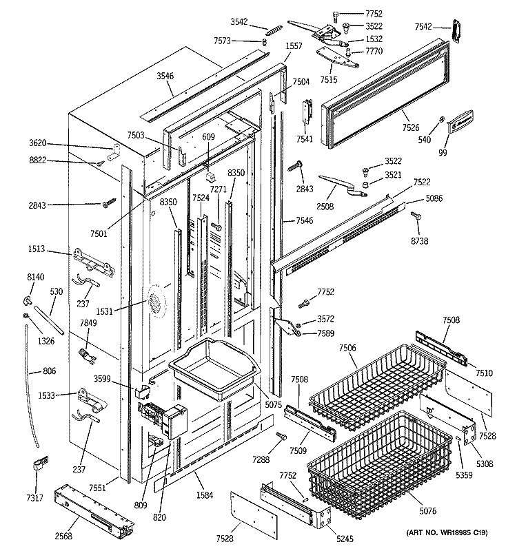 FREEZER SECTION, TRIM & COMPONENTS Diagram and Parts List for ZICS360NMCRH  General Electric Refrigerator