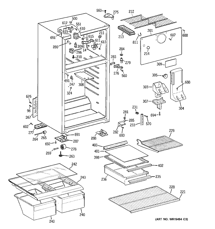 CABINET Diagram and Parts List for GTS18FBRERCC  General Electric Refrigerator