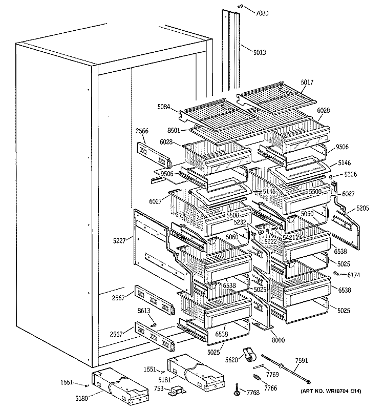 SHELVES & DRAWERS Diagram and Parts List for ZIF36NMHRH  General Electric Freezer