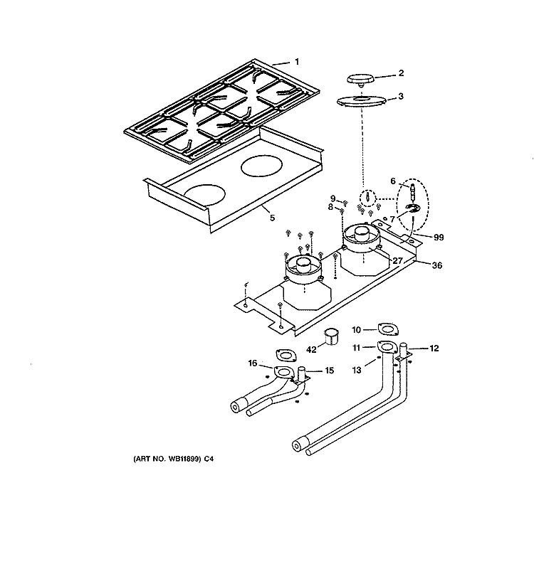 BURNER ASSEMBLY Diagram and Parts List for ZDP36N4DD2SS  General Electric Range