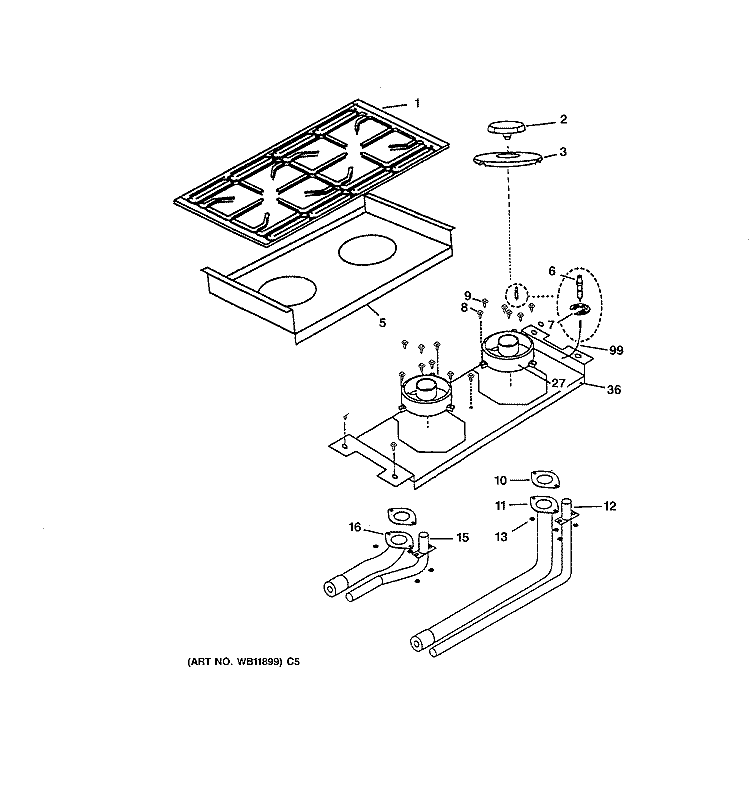 BURNER ASSEMBLY Diagram and Parts List for ZDP36N6DD2SS  General Electric Range