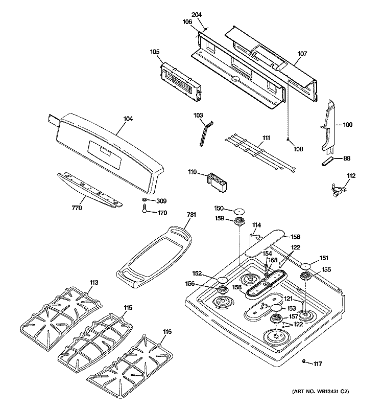 CONTROL PANEL & COOKTOP Diagram and Parts List for JGB908SEK3SS  General Electric Range