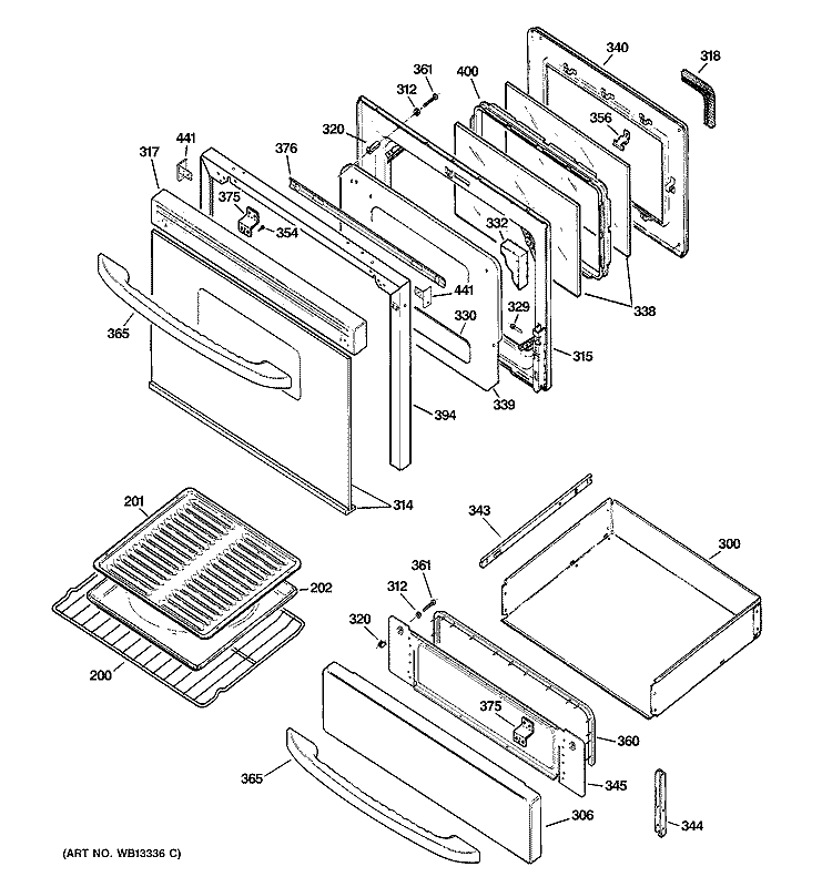 DOOR & DRAWER PARTS Diagram and Parts List for JGBP88SEK2SS  General Electric Range