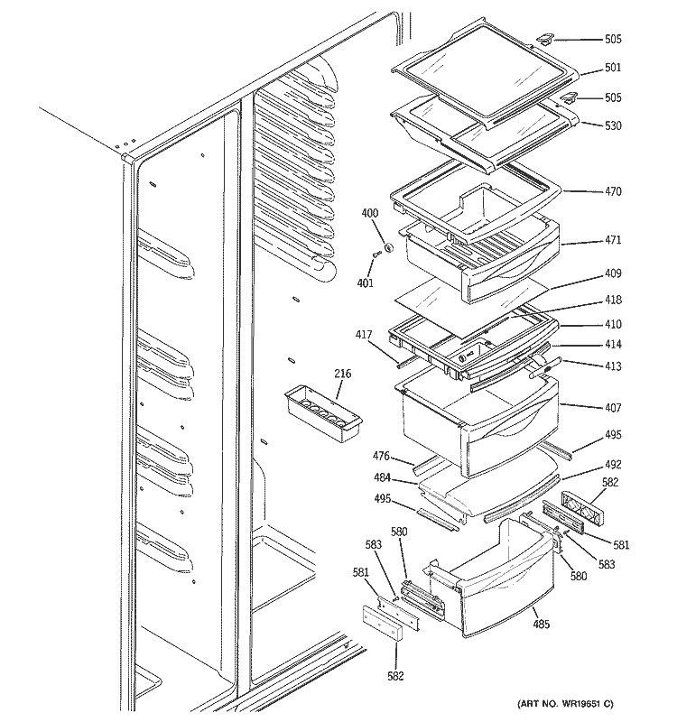 FRESH FOOD SHELVES Diagram and Parts List for PSK27MGSBCCC  General Electric Refrigerator