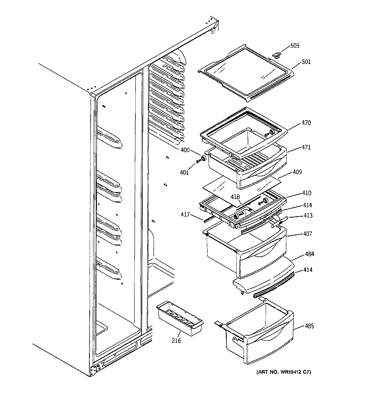 FRESH FOOD SHELVES Diagram and Parts List for GSK25LHSBCCC  General Electric Refrigerator