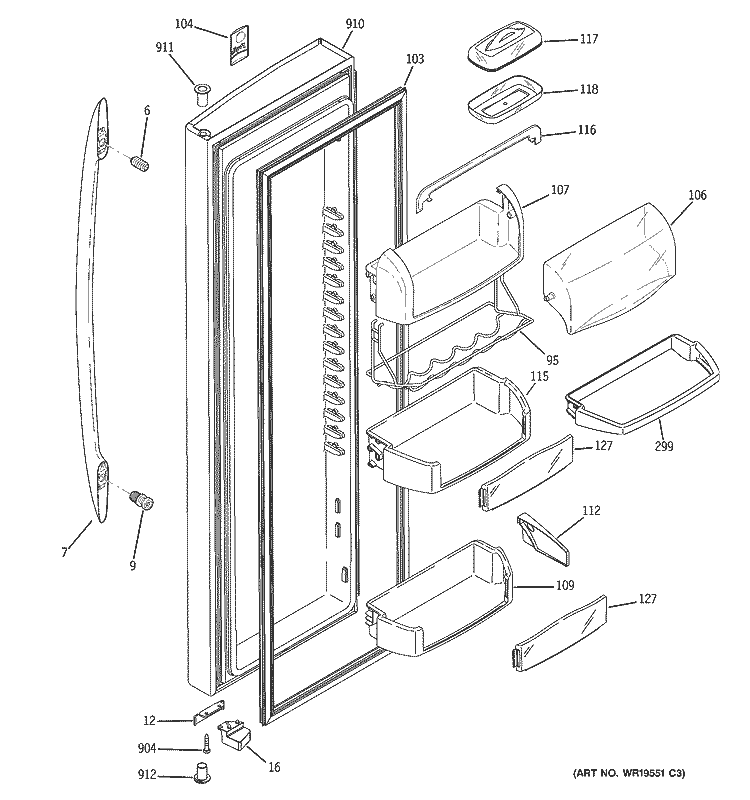 FRESH FOOD DOOR Diagram and Parts List for PWG25SGSBCSS  General Electric Refrigerator