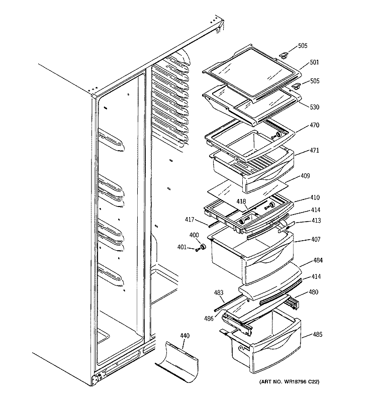 FRESH FOOD SHELVES Diagram and Parts List for PSS26LGSCBB  General Electric Refrigerator