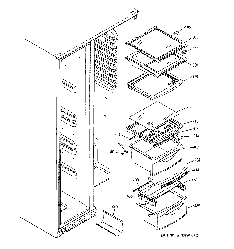 FRESH FOOD SHELVES Diagram and Parts List for PSW26LSRESS  General Electric Refrigerator