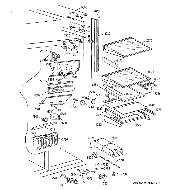 FRESH FOOD SECTION Diagram and Parts List for ZISB36DWA  General Electric Refrigerator