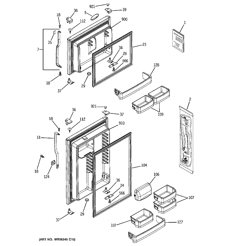 DOORS Diagram and Parts List for DTS18ZBRERWW  General Electric Refrigerator