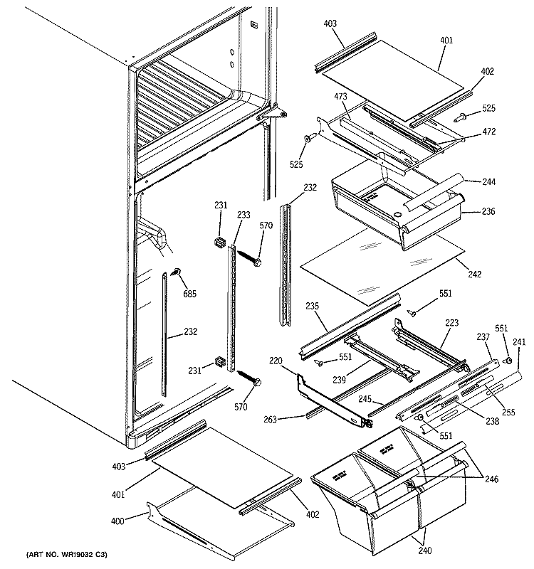 FRESH FOOD SHELVES Diagram and Parts List for DTS18ZBRERWW  General Electric Refrigerator