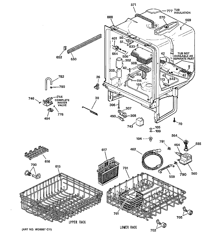 BODY PARTS Diagram and Parts List for GSD4360L03SS  General Electric Dishwasher