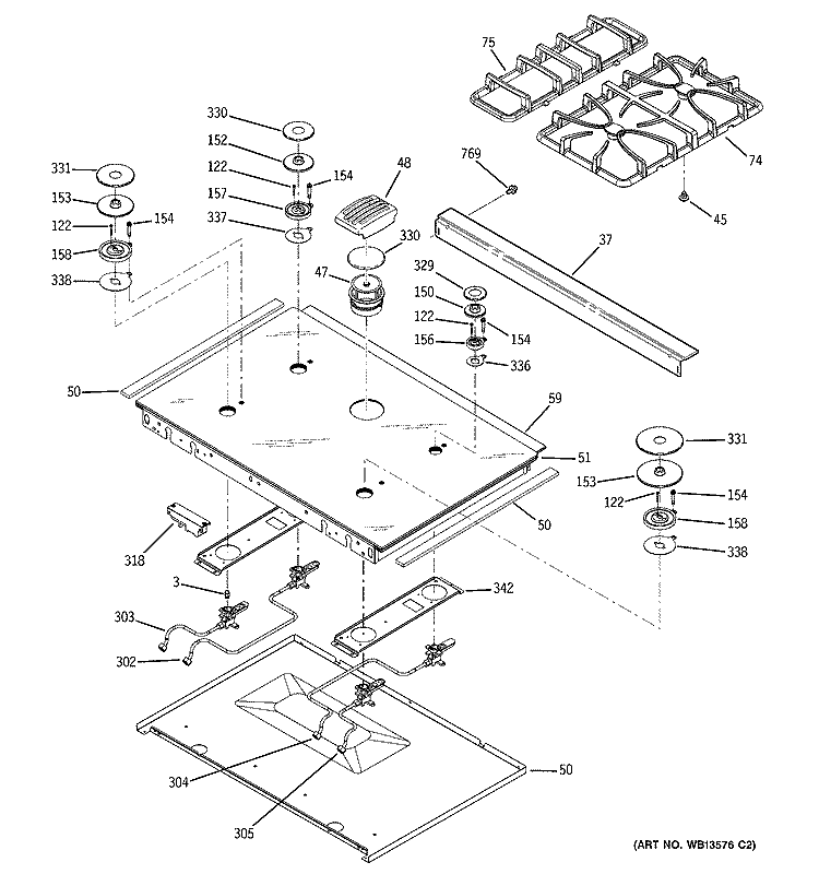 COOKTOP Diagram and Parts List for JGSP48WH5WW  General Electric Range
