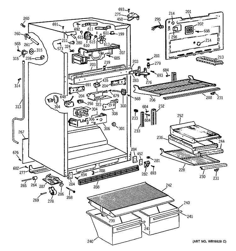CABINET PARTS Diagram and Parts List for TBX21PKCR  General Electric Refrigerator