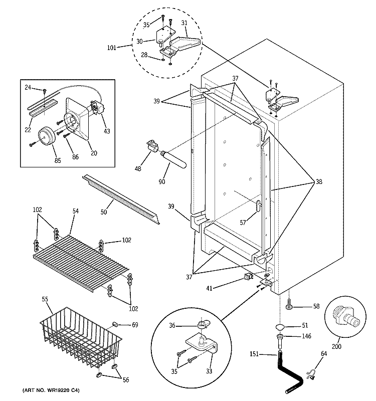 CABINET Diagram and Parts List for FUM21DMBRWH  General Electric Freezer