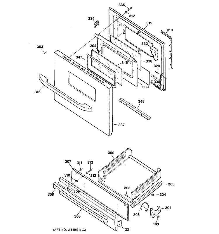 DOOR & DRAWER PARTS Diagram and Parts List for JGBS17PEK2WW  General Electric Range