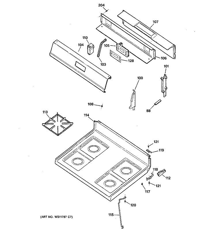 CONTROL PANEL & COOKTOP Diagram and Parts List for JGBS19BEH2CT  General Electric Range