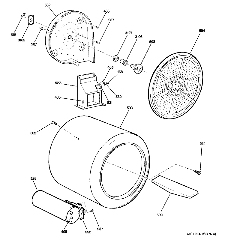 DRUM Diagram and Parts List for DDC4500SLMWH  General Electric Dryer