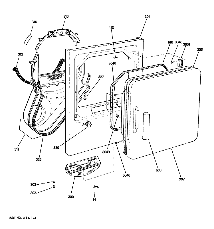 FRONT PANEL & DOOR Diagram and Parts List for DDC4500SNMWH  General Electric Dryer