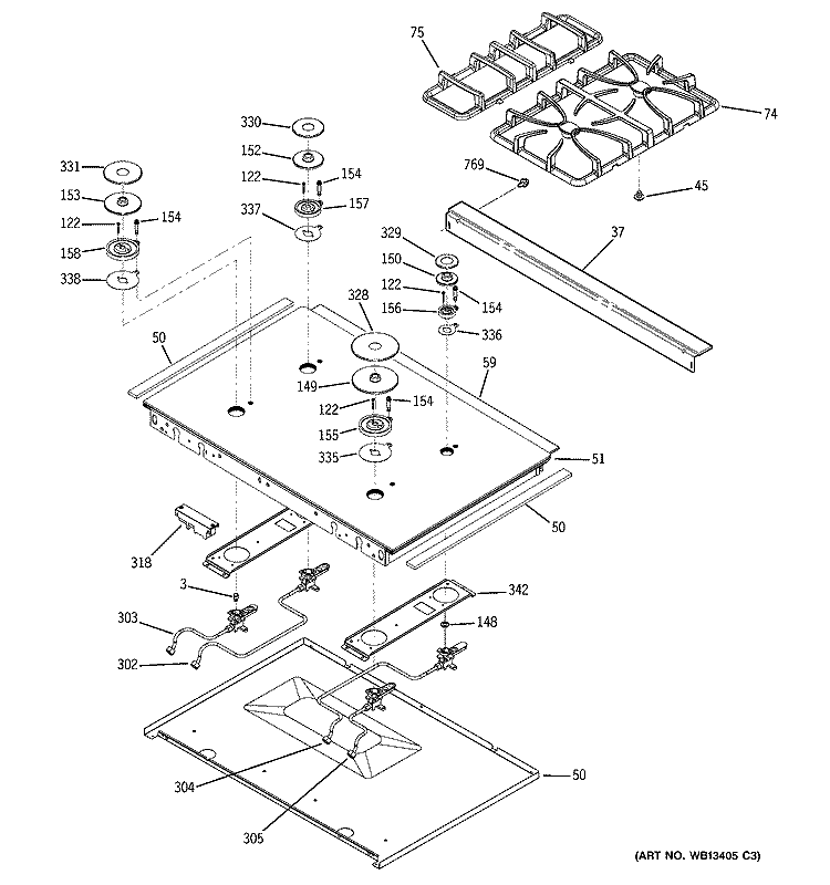 COOKTOP Diagram and Parts List for J2S968SH6SS  General Electric Range