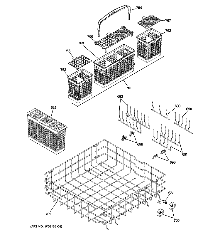 LOWER RACK ASSEMBLY Diagram and Parts List for PDW9800L00BB  General Electric Dishwasher