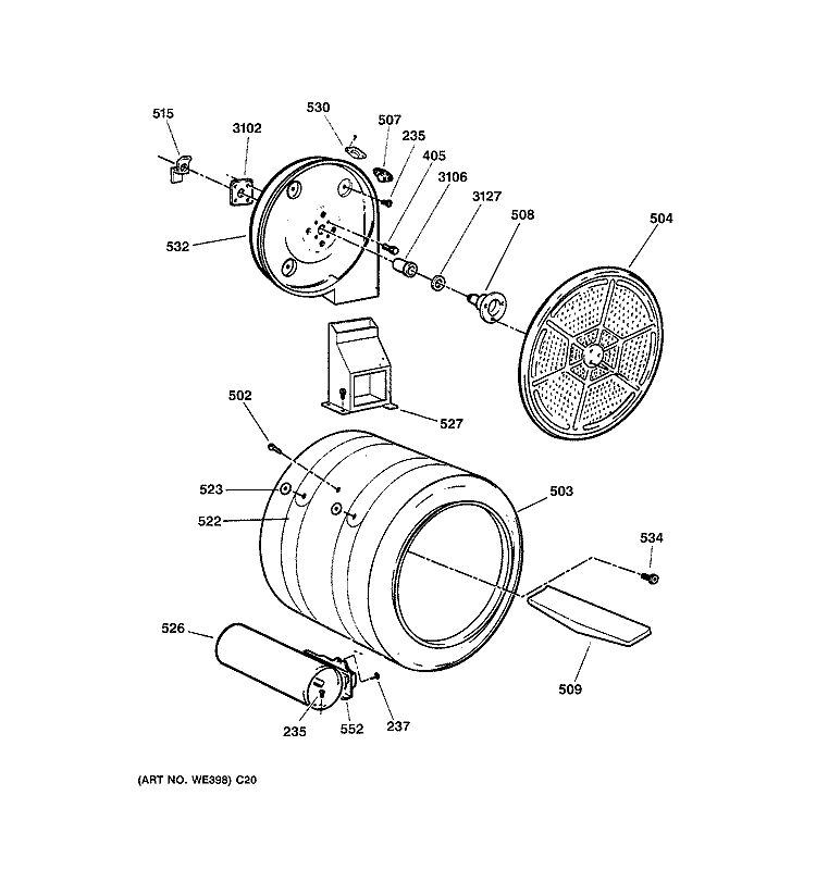 DRUM Diagram and Parts List for DPSB620GC3WW  General Electric Dryer