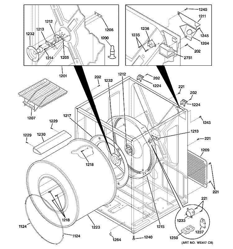 CABINET & DRUM Diagram and Parts List for DSXH43EF0WW  General Electric Dryer