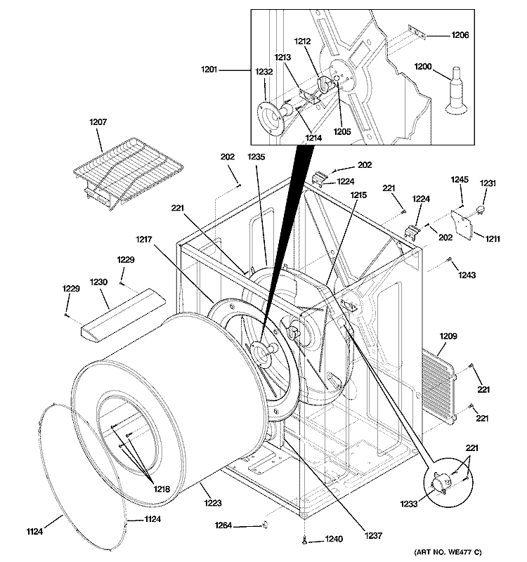 CABINET & DRUM Diagram and Parts List for DSXH43GF0WW  General Electric Dryer