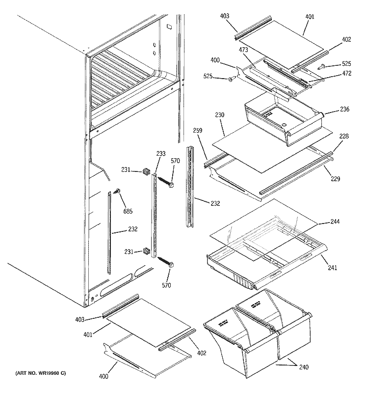 FRESH FOOD SHELVES Diagram and Parts List for DTS18ICRNRBB  General Electric Refrigerator