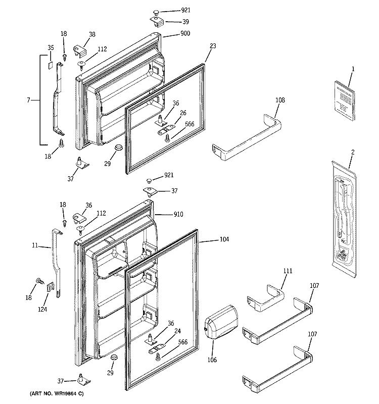 DOORS Diagram and Parts List for DTH18ZBSORWW  General Electric Refrigerator