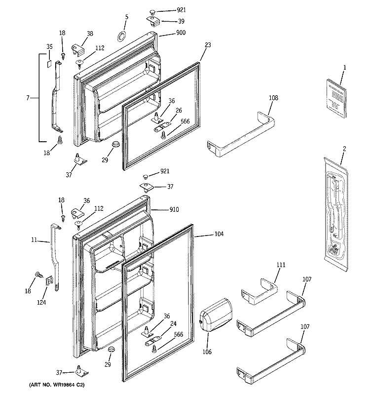 DOORS Diagram and Parts List for DTS18ICRMRBB  General Electric Refrigerator