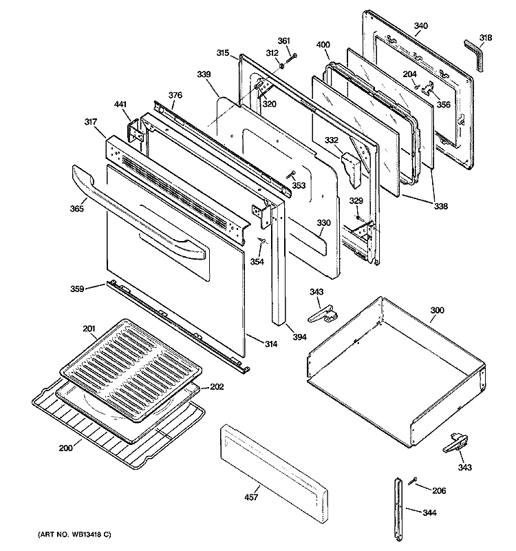 DOOR & DRAWER PARTS Diagram and Parts List for JBP15CJ1CC  General Electric Range