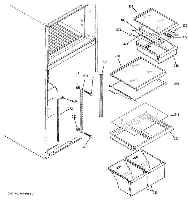 FRESH FOOD SHELVES Diagram and Parts List for GTL18PBRRRBS  General Electric Refrigerator
