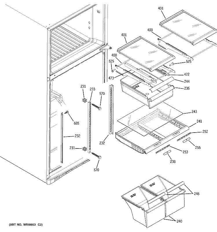 FRESH FOOD SHELVES Diagram and Parts List for GTS18SBSSRSS  General Electric Refrigerator