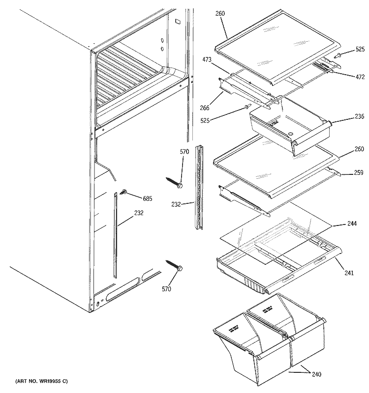 FRESH FOOD SHELVES Diagram and Parts List for DTL18ICSRRBS  General Electric Refrigerator