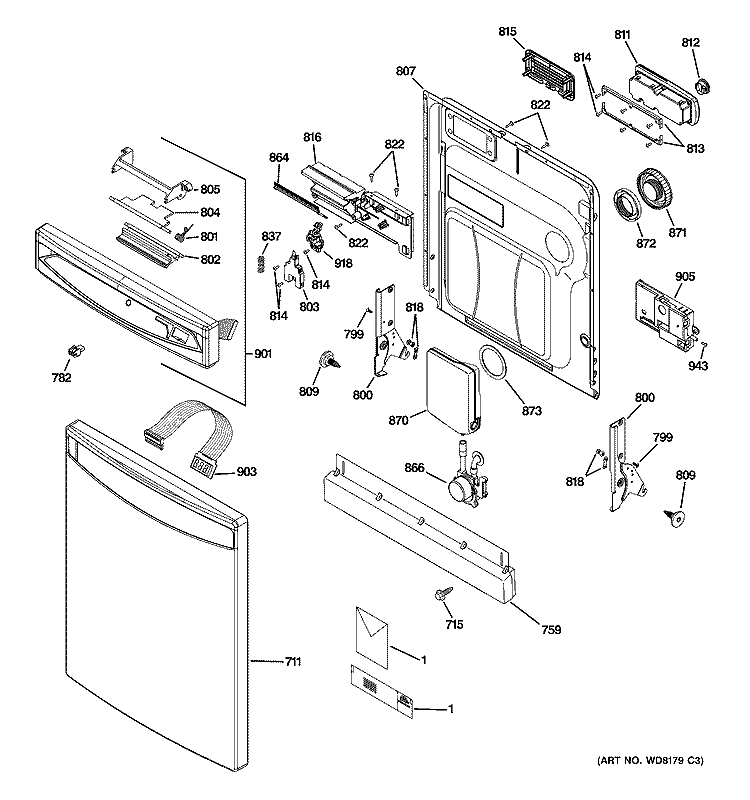 ESCUTCHEON & DOOR ASSEMBLY Diagram and Parts List for PDW8980L00SS  General Electric Dishwasher