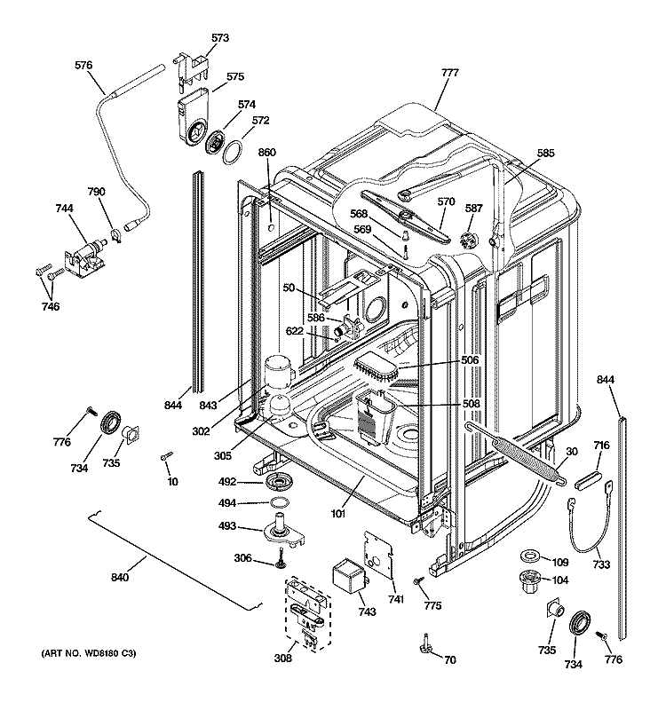 BODY PARTS Diagram and Parts List for PDW8980L00SS  General Electric Dishwasher