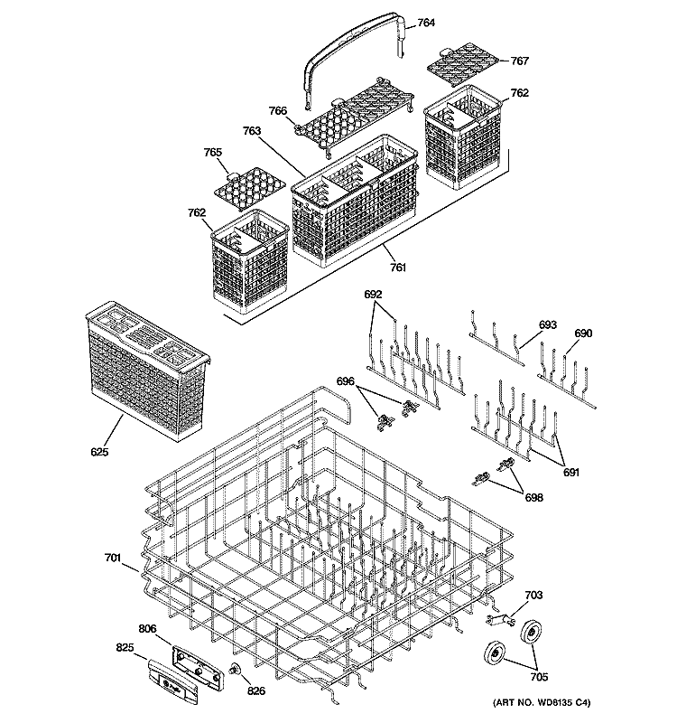 LOWER RACK ASSEMBLY Diagram and Parts List for PDW9700L00II  General Electric Dishwasher