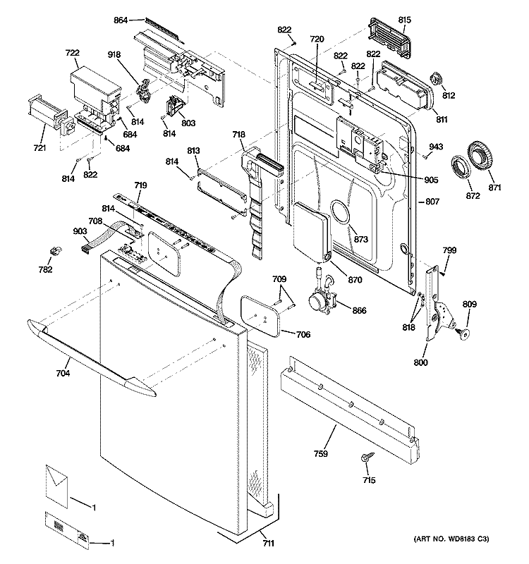ESCUTCHEON & DOOR ASSEMBLY Diagram and Parts List for PDW9980L00SS  General Electric Dishwasher