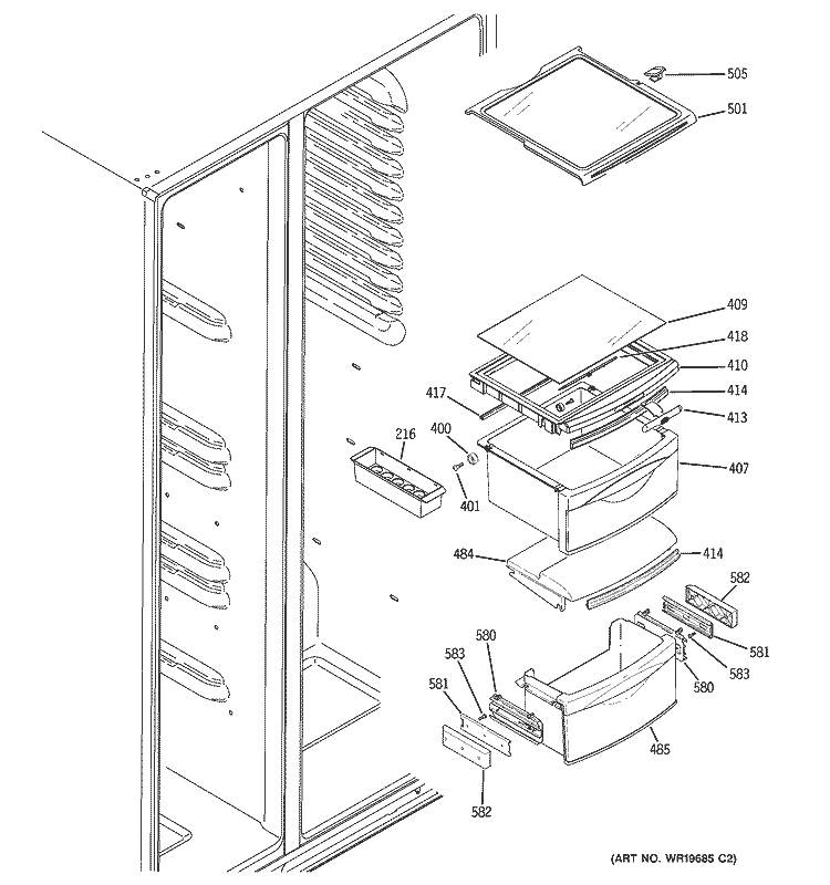 FRESH FOOD SHELVES Diagram and Parts List for GSK25LASBCCC  General Electric Refrigerator