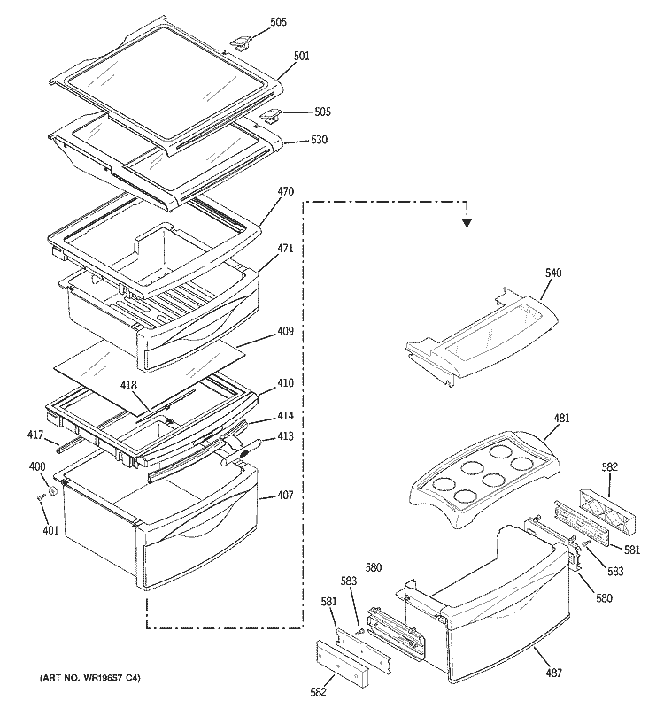 FRESH FOOD SHELVES Diagram and Parts List for ZFSB23DRDSS  General Electric Refrigerator