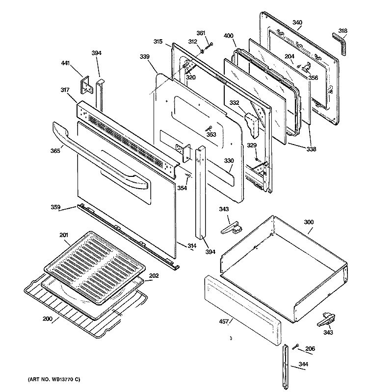 DOOR & DRAWER PARTS Diagram and Parts List for JBP15WJ2WW  General Electric Range