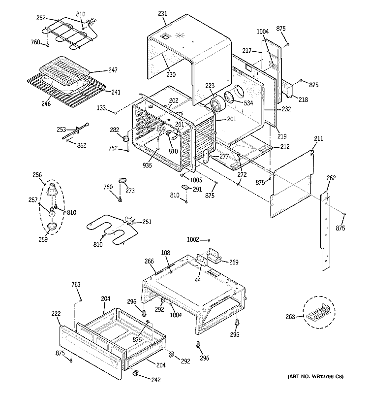 BODY PARTS Diagram and Parts List for JCSP42BK1BB  General Electric Range
