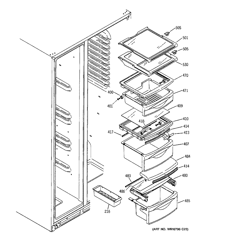 FRESH FOOD SHELVES Diagram and Parts List for RSK25LCMKCCC  General Electric Refrigerator